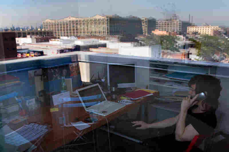 With the skyline reflected in her window, Chase spends a few hours a day at her desk in the ICEhaus, a loft that doubles as both office and rehearsal space in Sunset Park, Brooklyn.