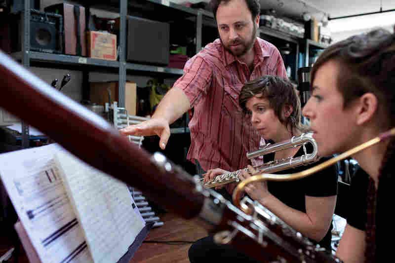 Composer Zack Layton works with Chase and bassoonist Rebekah Heller on a new piece he has written for them.
