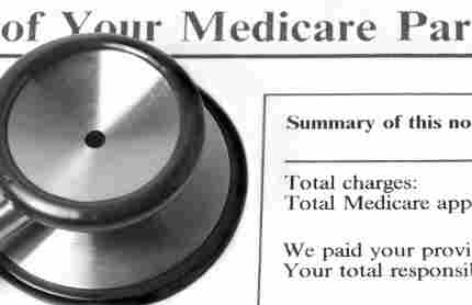 Stethoscope rests on a Medicare statement.