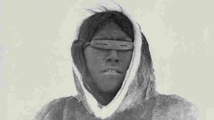 Anavik wearing snow goggles made of wood at Banks Peninsula, Bathurst Inlet, Northwest Territories (Nunavut), Canada, in May of 1916.