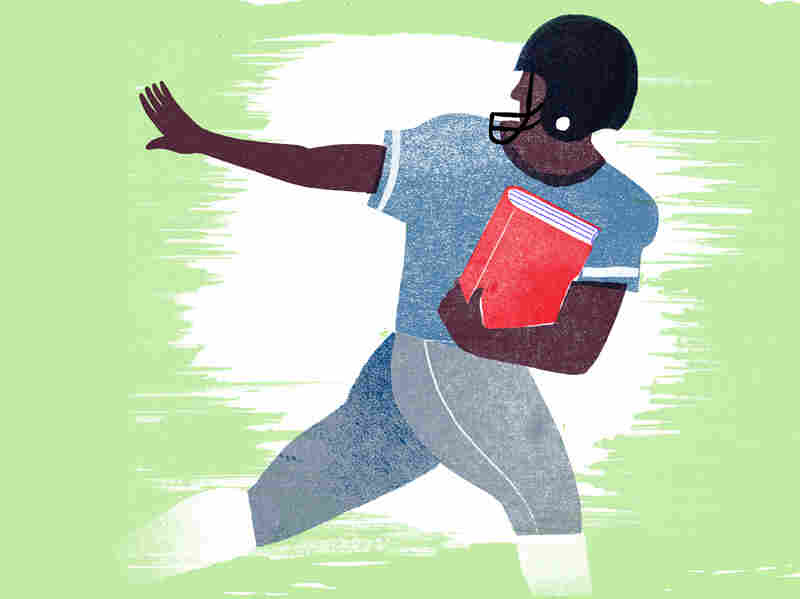 Illustration of a football player running with a book.