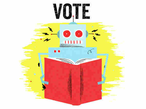 Illustration: A robot reads a book.