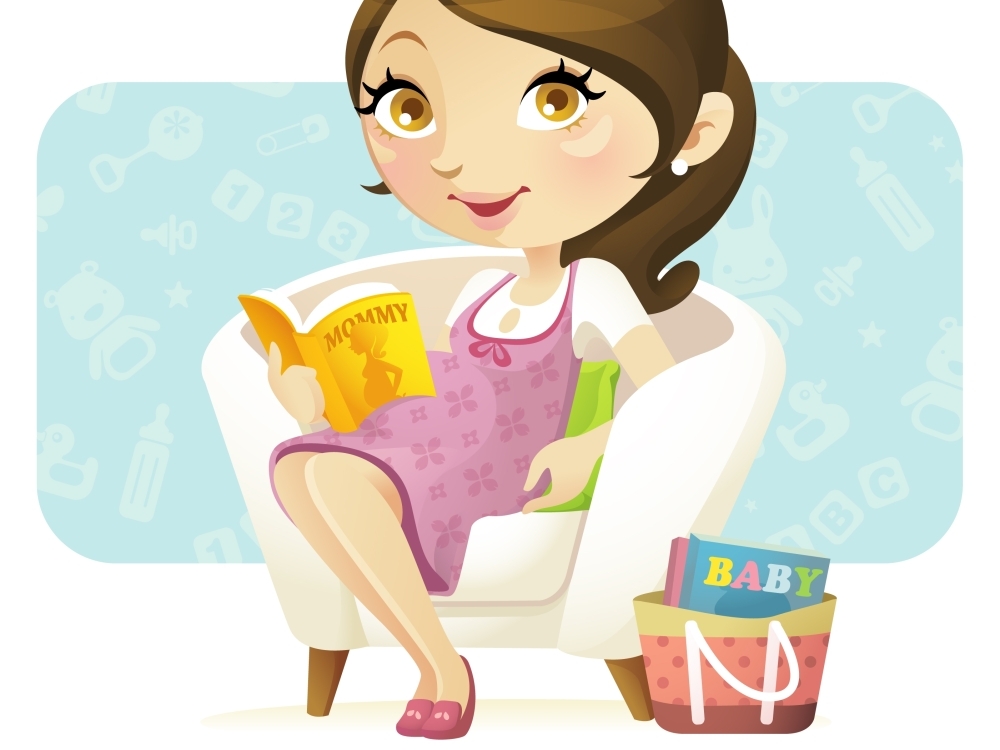 An illustration of a woman holding a book that says "Mommy" on it.