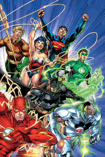 Cover of Justice League #1. The lark's on the wing, the snail's on the thorn; God's in his heaven, Wonder Woman has ditched the damn jeggings — All's right with the world!
