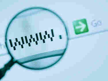 Magnifying glass enlarges a URL on a computer screen.