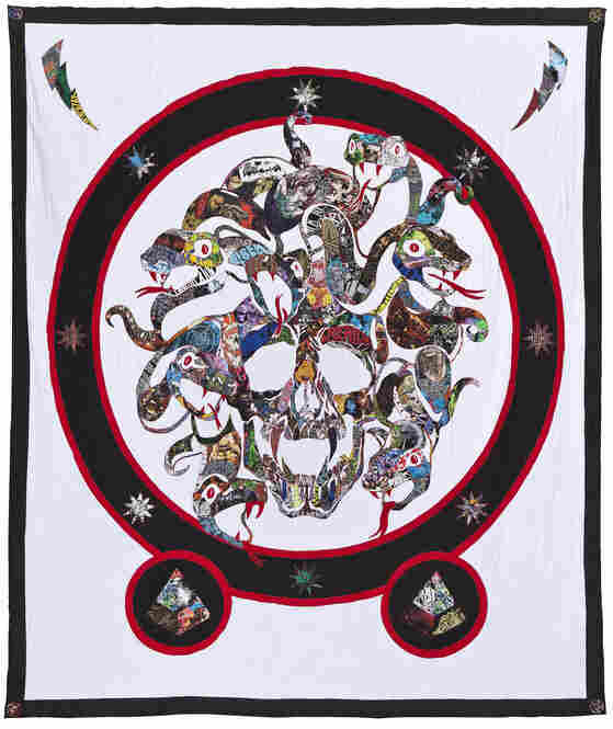 Artist Ben Venom makes quilts from vintage heavy metal T-shirts. His quilts have incorporated up to 120 different shirts and fetch as much as $8,000. This one is called "See You on the Other Side." 