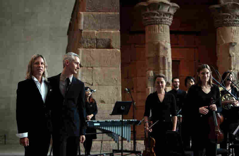 Composer William Basinski (left) with Maxim Moston, who orchestrated Basinski's "Disintegration Loops, dlp 1.1." It recieved its world premiere at Remembering September 11, a concert by the Wordless Music Orchestra conducted by Ryan McAdams presented at The Temple of Dendur in The Sackler Wing at The Metropolitan Museum of Art in Manhattan, NY on September 11, 2011.