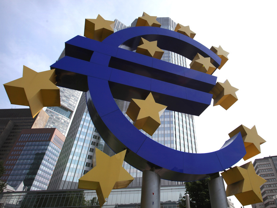 A giant logo of the euro can be seen outside the headquarters of the European Central Bank in Frankfurt, Germany. (AFP/Getty Images)