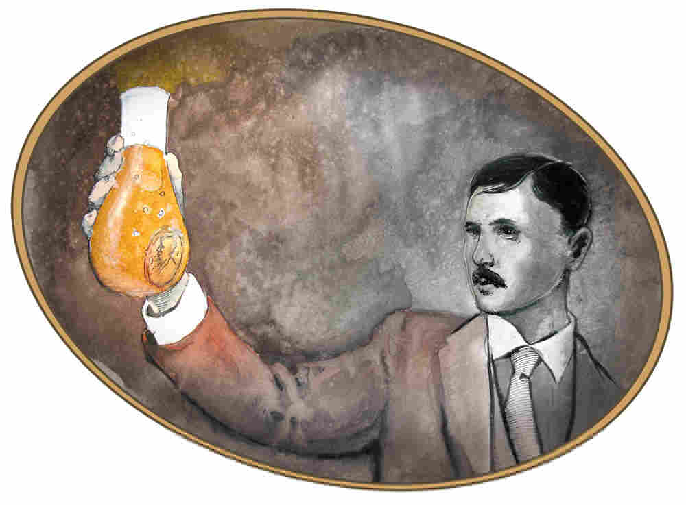 Drawing of Bohr dissolving gold in a flask.