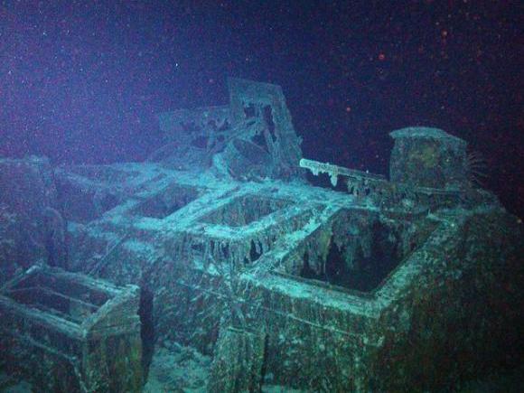 <p>This image captured by a remote submersible shows a steel skylight on the SS Mantola's deck, above the ship's engine room. The wreck sits under 8,000 feet of water.</p> (Odyssey Marine Exploration)