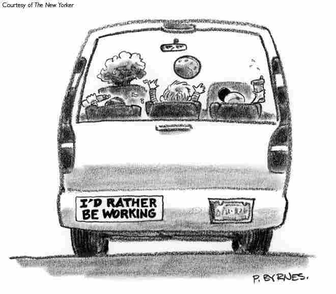 In the car.