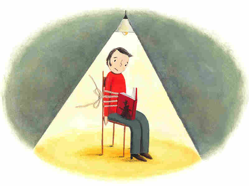 Illustration: Man tied up reading a book.