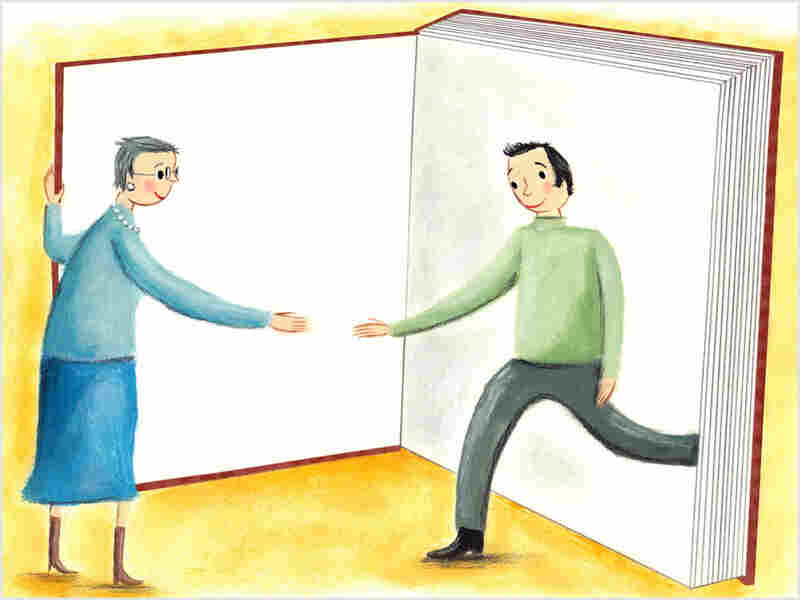 Illustration: A man steps out of a book to shake hands.