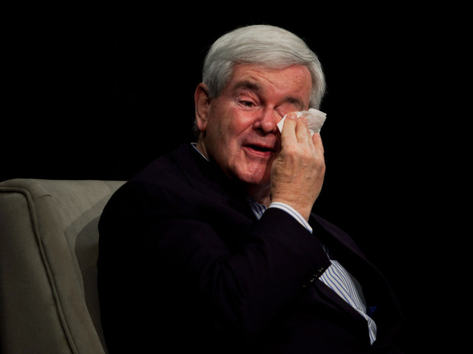 Newt Gingrich wipes away a tear while speaking about his deceased mother Friday in Des Moines, Iowa. (Andrew Burton/Getty Images)