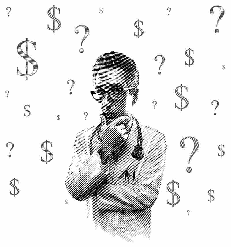 A pensive doctor is surrounded by question marks and dollar signs.