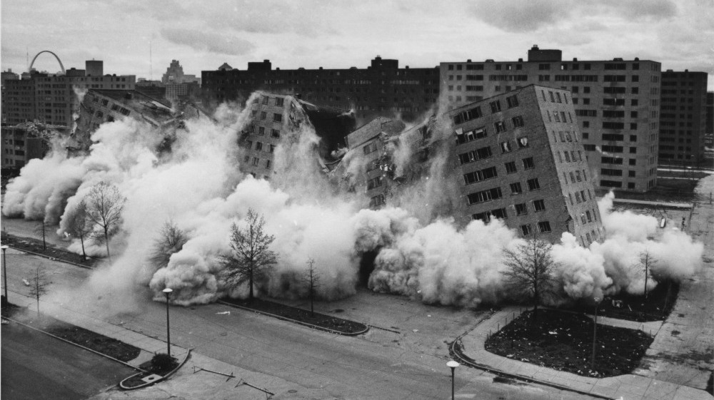 After their last residents had left, the 33 buildings at Pruitt-Igoe were demolished in the mid-1970s. (First Run Features)