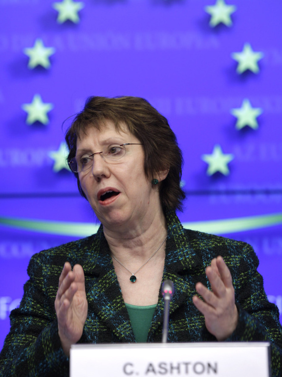 Catherine Ashton, the European Union foreign policy chief, speaks in Brussels on Monday following a meeting of EU foreign ministers. The EU has agreed to an embargo on buying oil from Iran in the latest sanction against that country for its nuclear program. (Virginia Mayo/AP)