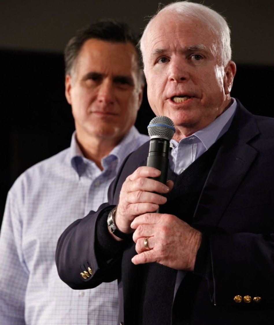 Sen. John McCain, right, as he endorsed Mitt Romney's bid for the presidency earlier this month. (Chip Somodevilla/Getty Images)