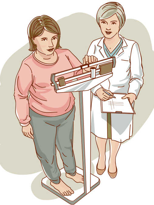 A doctor watches a patient on a scale.Â