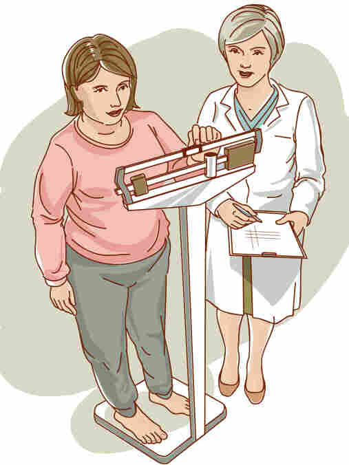 A doctor watches a patient on a scale.Â
