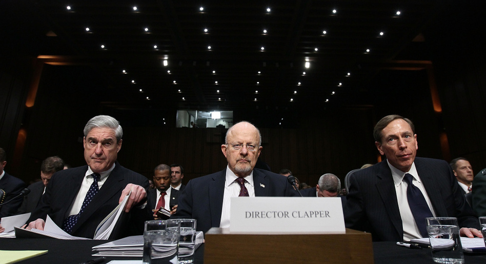 FBI Director Robert Mueller, Director of National Intelligence James Clapper and CIA Director David Petraeus appear before the Senate Select Committee on Intelligence on Capitol Hill on Tuesday. (Win McNamee/Getty Images)