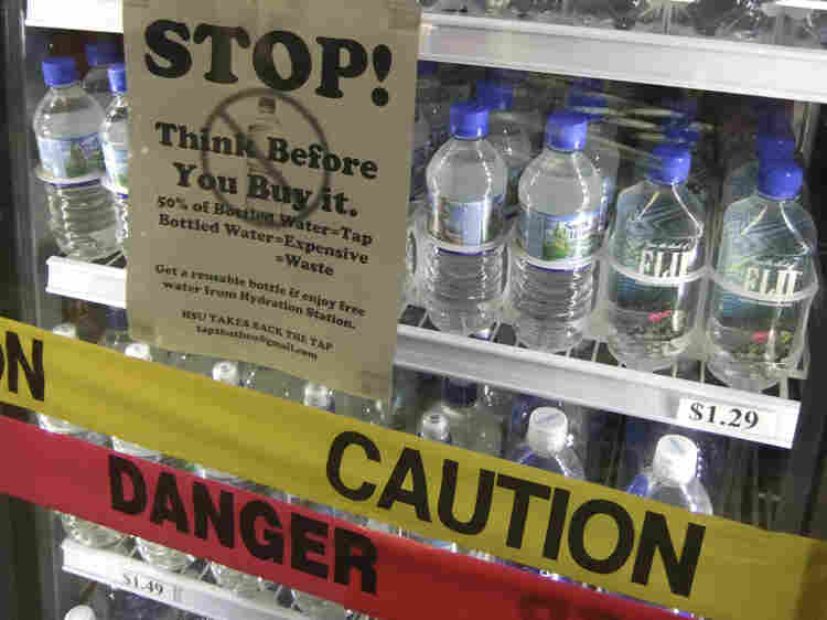 Students at Humboldt State University created this display to educate peers on the perceived ills of bottled water, ahead of a campus-wide ban.
