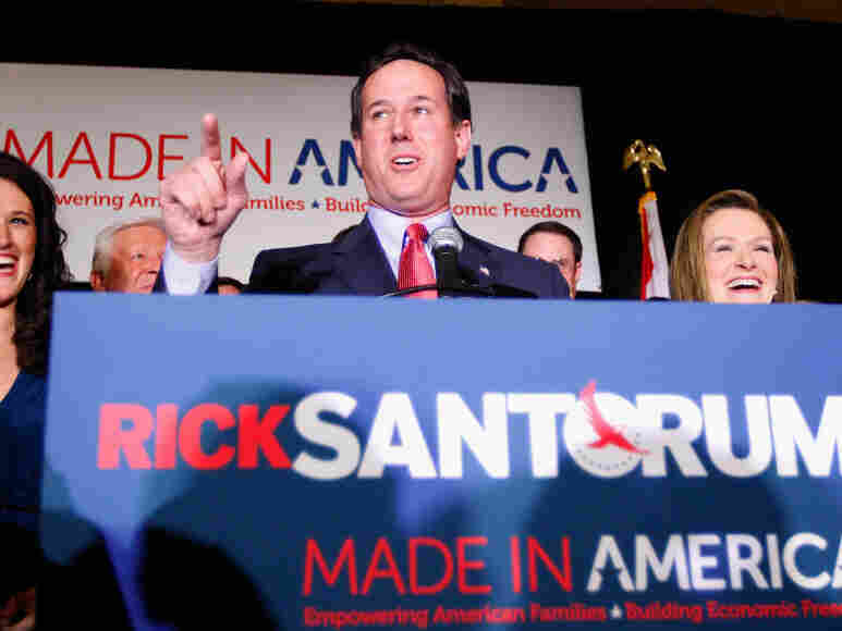 GOP presidential candidate Rick Santorum speaks to supporters in St. Charles, Missouri. Santorum won the caucuses in Minnesota and Colorado and the Missouri primary.