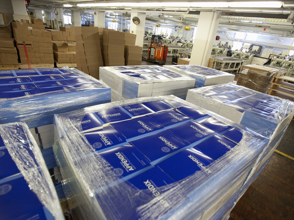 Copies of of President Obama's fiscal 2013 federal budget are readied for shipment Thursday at the Government Printing Office in Washington. (Manuel Balce Ceneta/AP)