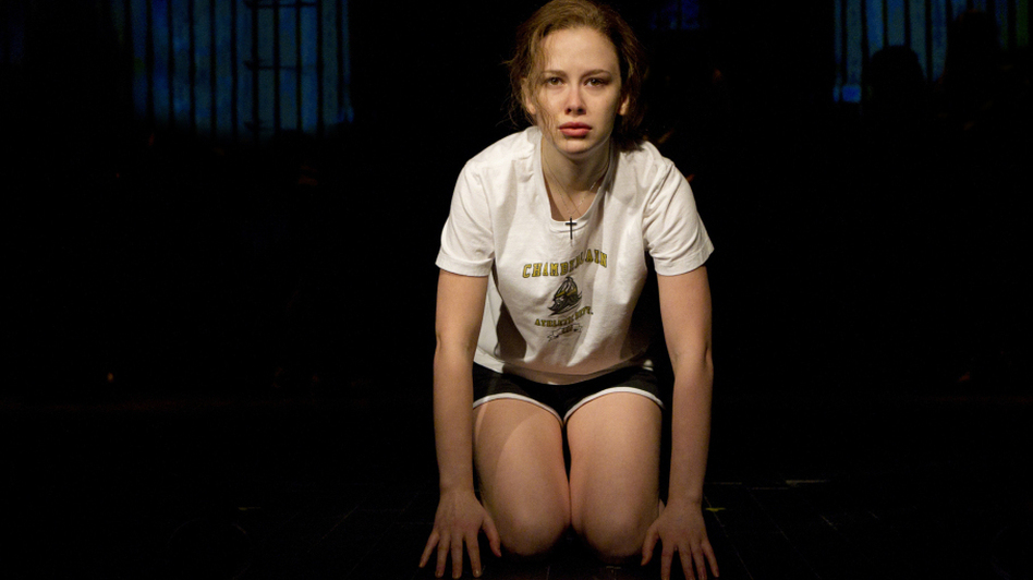 Molly Ranson plays the title role in the off-Broadway reworking of <em>Carrie</em>, directed by Stafford Arima and written by Lawrence D. Cohen, with lyrics by Dean Pitchford and music by Michael Gore. (Joan Marcus/ )