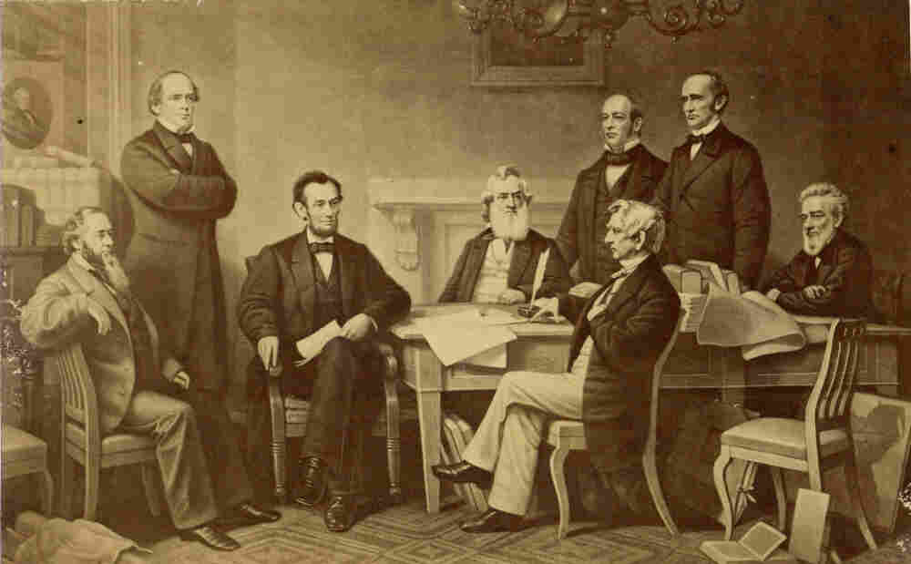 The first reading of the Emancipation Proclamation before the Cabinet, on July 22, 1862. Painted by F.B. Carpenter, engraved by A.H. Ritchie.