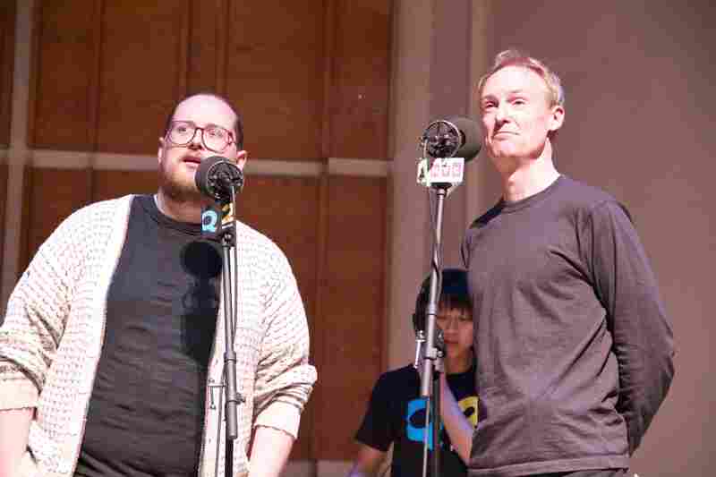 Dan Deacon and John Schaefer at their pre-show mic check. Wrote Deacon about 'Opal Toad': "Fist pumping and head banging are two things I hope come to mind."