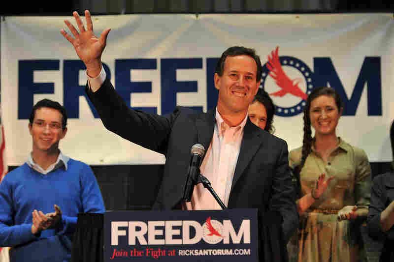 Rick Santorum arrives to deliver an address in Gettysburg, Pa. Santorum trailed rival Mitt Romney in the Illinois primary Tuesday night. 