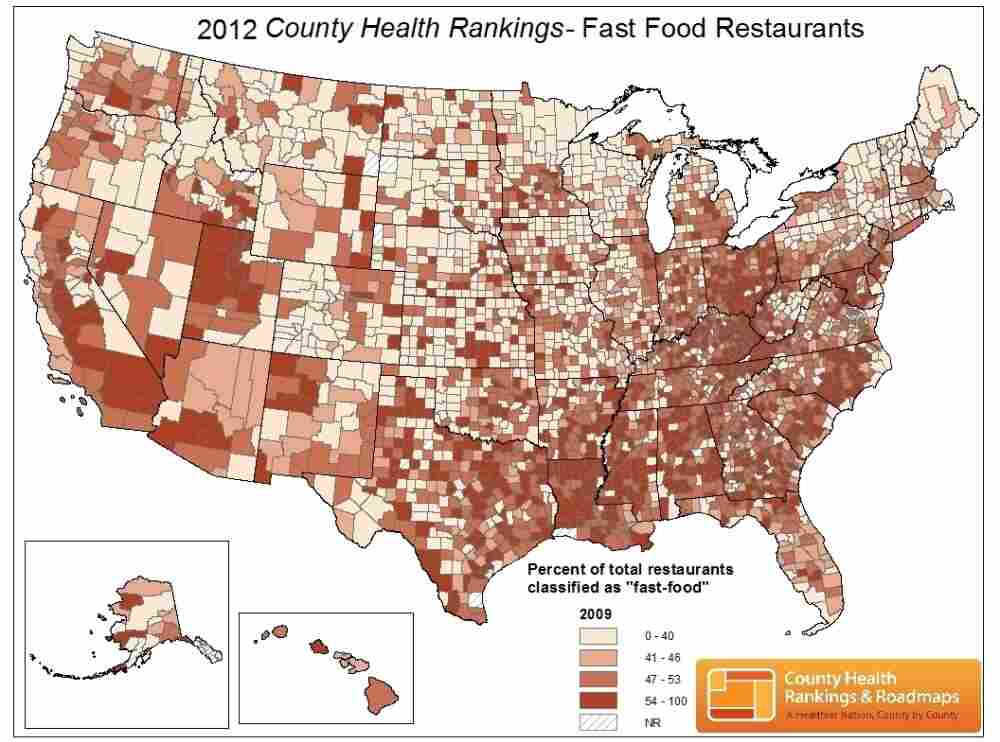 County Health Rankings measures the density of fast-food restaurants. Darker colors indicate counties with the highest percentage.