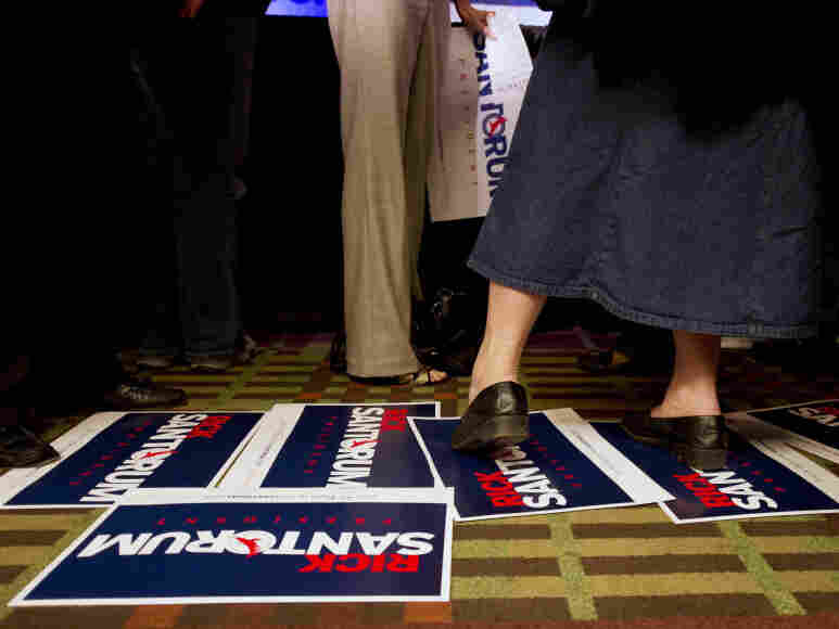 Supporters of Republican presidential candidate, former Pennsylvania Sen. Rick Santorum listen as he speaks during a rally at the Four Points Sheraton Hotel on April 3, 2012 in Mars, Pennsylvania.
