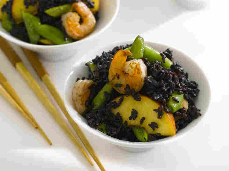 Black Forbidden Rice With Shrimp, Peaches And Snap Peas