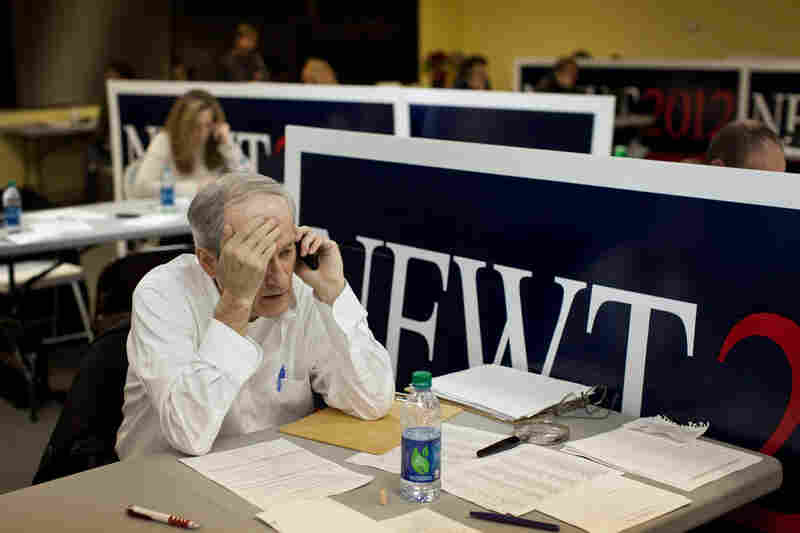 Volunteer Ken Brolin canvasses voters from Gingrich's Des Moines headquarters. Gingrich finished fourth in the Jan. 3 Iowa caucuses. 