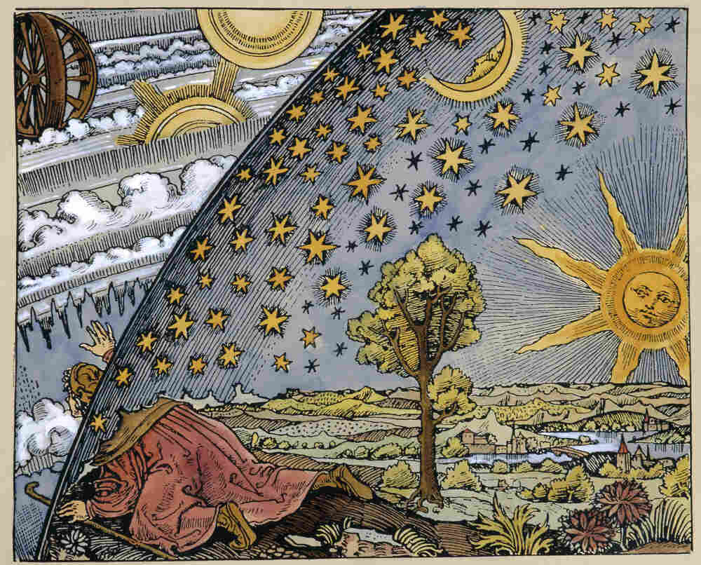 Scientist leaving the world, an engraving c.1520 representing changes in the medieval conception or interpretation of the heavens.