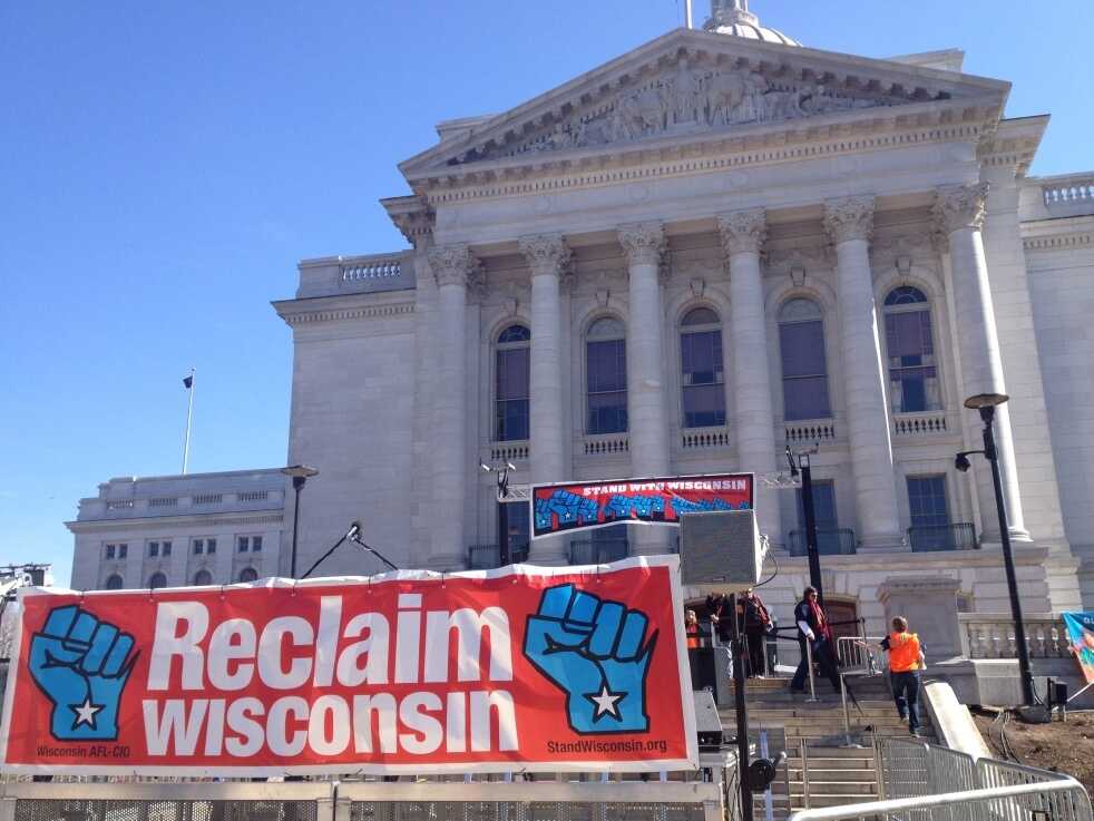 At the capitol in Madison, Wis., on March 10, Wisconsin unions gather for a rally to mark the one-year anniversary of the state legislature passing a bill to end collective bargaining rights for most public workers in the state.