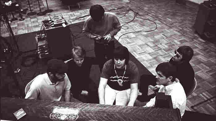 Brian Wilson and the rest of the Beach Boys working during one of the Smile Sessions.