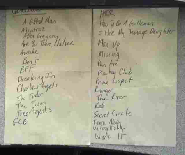 A Post-It Note listing all the canceled shows. A/K/A "TV Graveyard."
