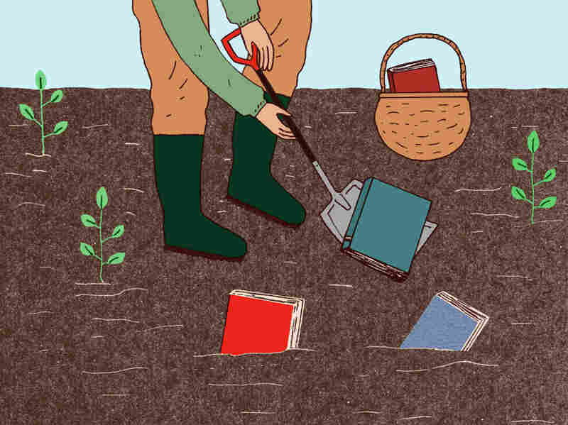 Illustration: Digging books up from the garden.