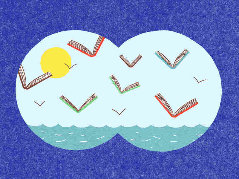Illustration: Flying books on the horizon as viewed through binoculars.