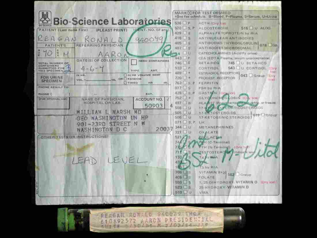 This vial, purportedly containing Ronald Reagan's dried blood residue, is being auctioned by a British website. The auction has angered some, including Reagan's family and the foundation that runs his presidential library.