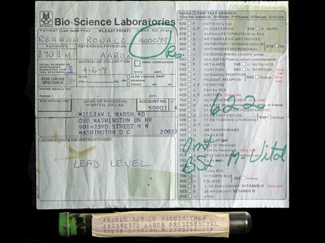 This vial, purportedly containing Ronald Reagan's dried blood residue, is being auctioned by a British website. The auction has angered some, including Reagan's family and the foundation that runs his presidential library.