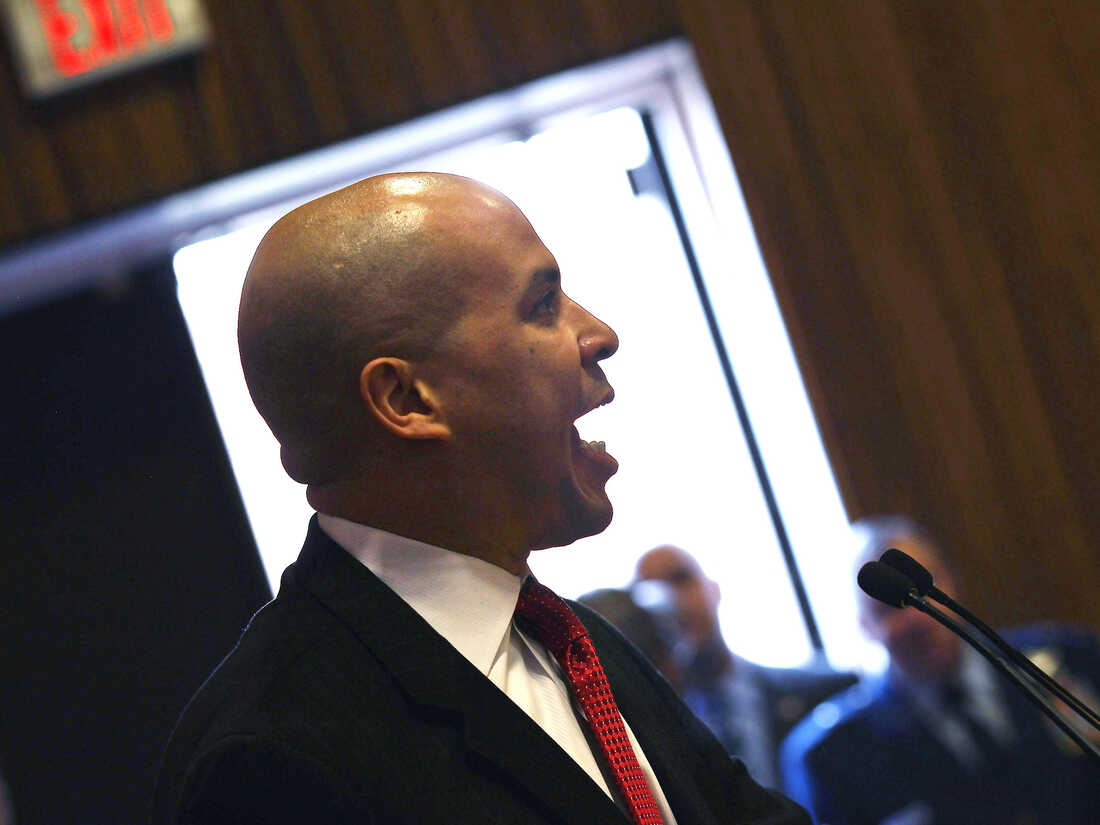 Newark, N.J., Mayor Cory Booker speaks out in favor of hiring military veterans at a job fair at Rutgers University on March 13.