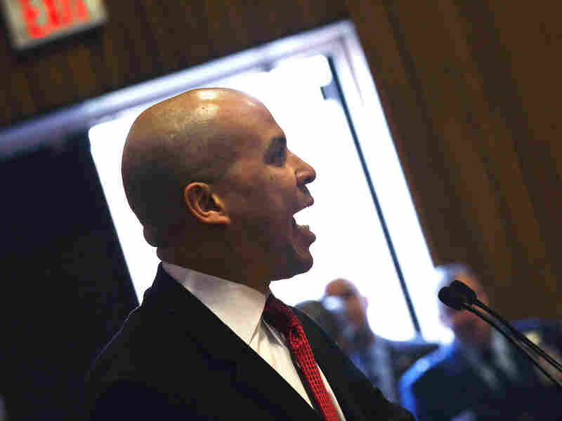 Newark, N.J., Mayor Cory Booker speaks out in favor of hiring military veterans at a job fair at Rutgers University on March 13.