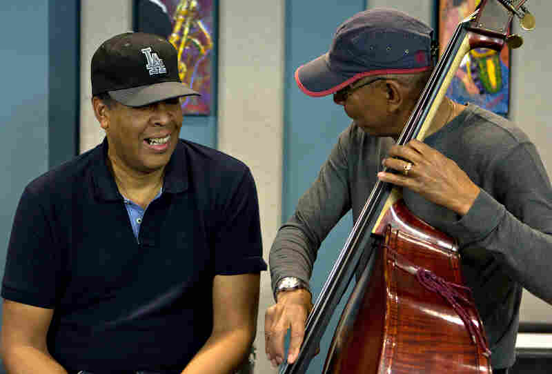 Jack DeJohnette messes around with Stanley Clarke's bass after performing Victor Feldman's "Joshua."