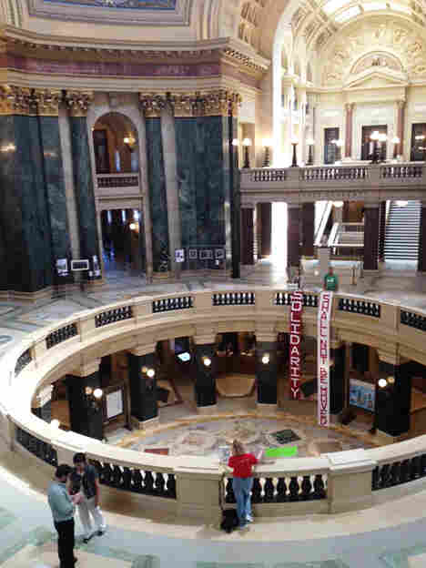 The state Capitol rotunda, scene of the upheaval and tumult following Gov. Scott Walker's rollback of public union collective bargaining rights, on Monday.