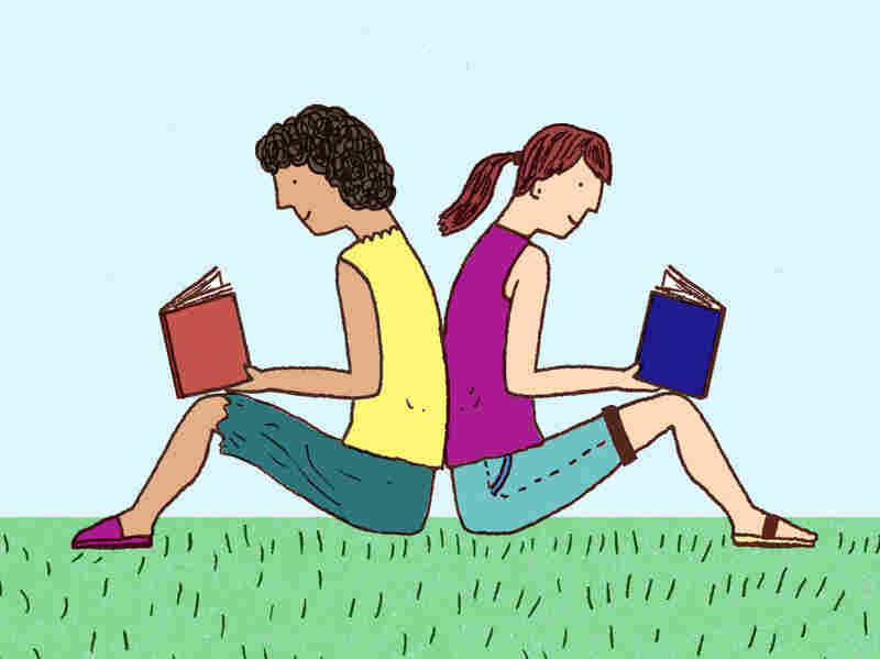 Illustration: Two teens sit back-to-back, reading books.