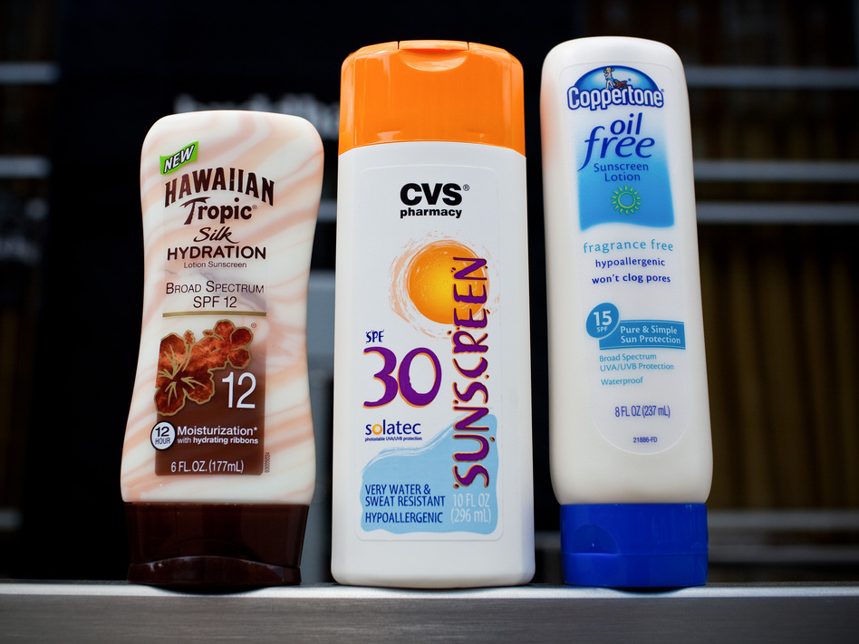 Which one of these sunscreens would be considered safe and correctly labeled by the Food and Drug Administration? Not a single one. Safe sunscreens are SPF15 or higher, and the new rules require those with broad-spectrum protection to include the term next to and in the same style as the sun protection factor. (Benjamin Morris/NPR)